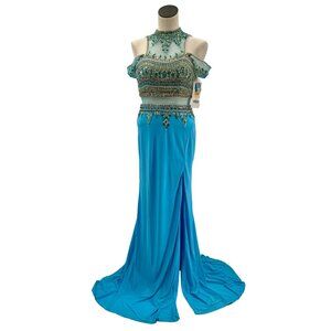 NWT Blue Beaded Off the Shoulder Sheer Midriff Crop Top Mermaid Skirt Formal